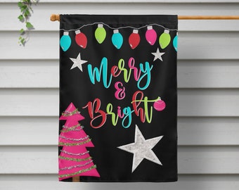 Christmas Garden Flag, Merry & Bright Welcome Flag, House Flag, Outdoor Holiday Decor, Housewarming Gift