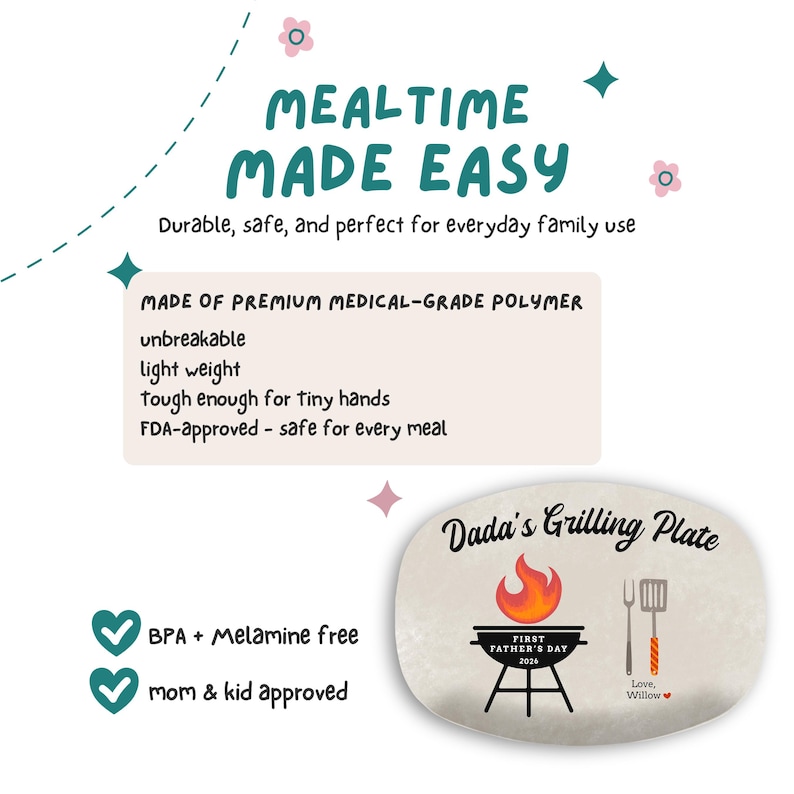 May include: A white plate with the text "Dada's Grilling Plate" and a grill graphic. The plate also has the text "MEALTIME MADE EASY" and other text about the plate's features. The plate is BPA and Melamine free.