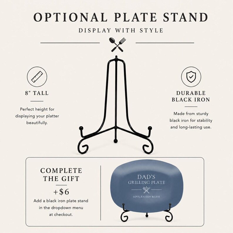 May include: Black iron plate stand, 8 inches tall, with a decorative design. The image also shows a blue plate with the text "DAD'S GRILLING PLATE". The stand is made of durable black iron.