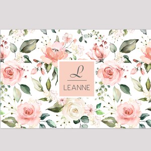 May include: A white background with a pink floral pattern. The centre of the image has a pink rectangle with the letter "L" and the name "LEANNE" in black text.