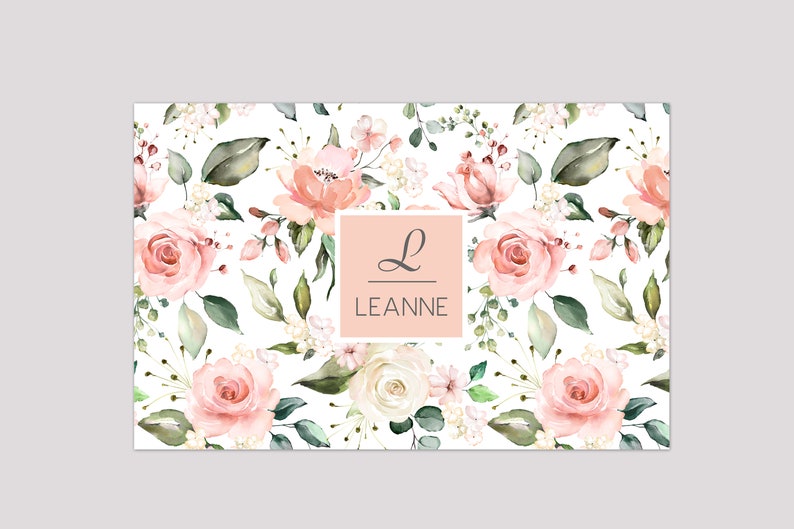 May include: A white background with a pink floral pattern. The centre of the image has a pink rectangle with the letter "L" and the name "LEANNE" in black text.