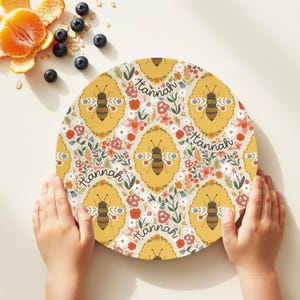 Personalized Kids Plate, Bee & Wildflower Name Plate, BPA Free Plastic Dish, Unbreakable Food Safe Toddler Gift, Nature Theme Plate