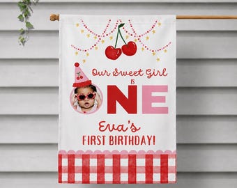 Cherry First Birthday House Flag Personalized Sweet One Party Decor Custom Photo Name Girl Birthday Outdoor Celebration Flag