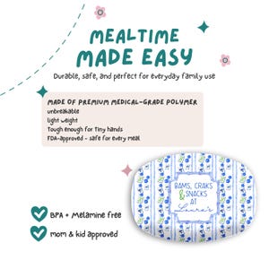 May include: An oval-shaped plate with a blue and white striped pattern and a floral design. The plate has the text "BAMS, CRAKS & SNACKS AT Laura's". The text "MEALTIME MADE EASY" is at the top.