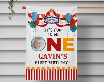 Circus First Birthday Garden Flag Personalized Carnival Birthday Yard Flag Custom Photo Name One Year Old Party Decor Outdoor Keepsake