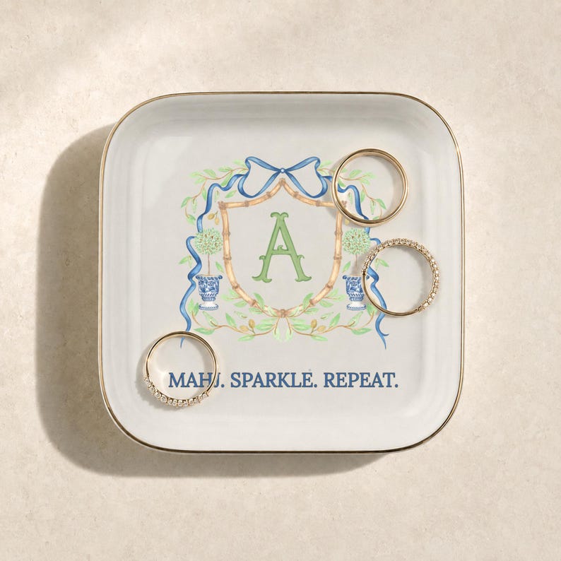 Personalized Mahjong Jewelry Dish, Monogram Mah Jongg Gift, Preppy Mahjong Trinket Dish, Mahjong Lover Hostess Gift image 2