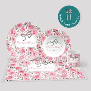 Custom Name Plate for Girls, Personalized Plate, Kids Dinnerware Set, Children&#39;s Plate and Bowl Set, Toddler Gift, Floral Roses
