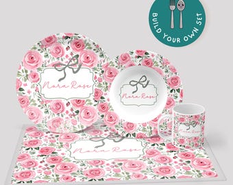 Custom Name Plate for Girls, Personalized Plate, Kids Dinnerware Set, Children's Plate and Bowl Set, Toddler Gift, Floral Roses