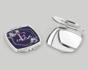 Stocking Stuffers for Teens, Personalized Compact Mirror, Teenage Girl Gifts, Daughter Birthday Present, Floral Initial Pocket Mirror