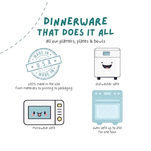 May include: A white graphic with the text "DINNERWARE THAT DOES IT ALL" and illustrations of a dishwasher, microwave, and oven. The image also includes a "Made in U.S.A." stamp and text stating the products are 100% made in the USA.