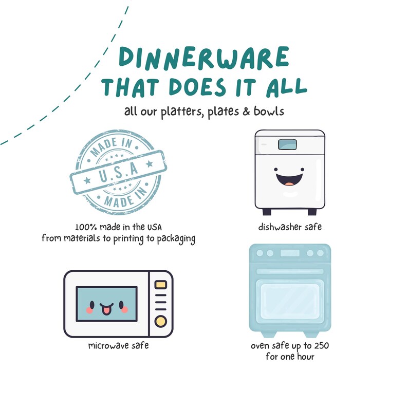 May include: A white graphic with the text "DINNERWARE THAT DOES IT ALL" and illustrations of a dishwasher, microwave, and oven. The image also includes a "Made in U.S.A." stamp and text stating the products are 100% made in the USA.