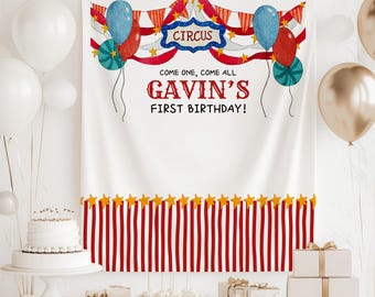 Circus Birthday Banner Personalized Carnival Party Backdrop Custom Name One Year Old Birthday Decor Big Top Photo Background