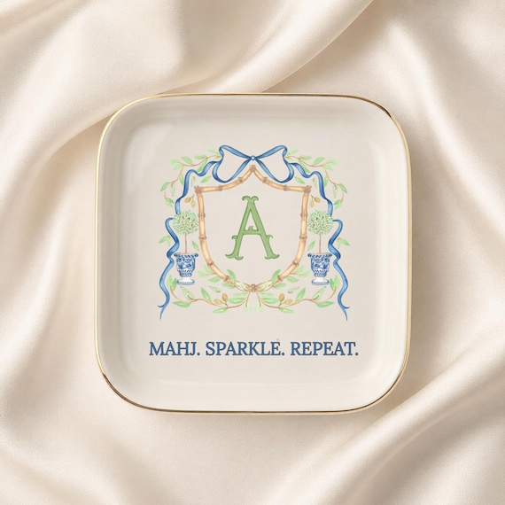 Personalized Mahjong Jewelry Dish, Monogram Mah Jongg Gift, Preppy Mahjong Trinket Dish, Mahjong Lover Hostess Gift