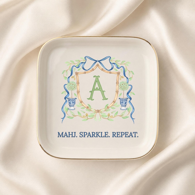 Personalized Mahjong Jewelry Dish, Monogram Mah Jongg Gift, Preppy Mahjong Trinket Dish, Mahjong Lover Hostess Gift image 1