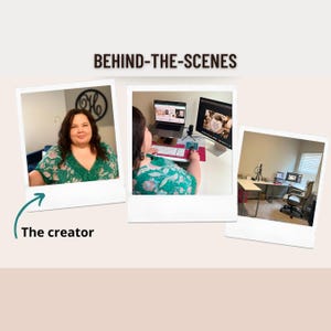 May include: Three polaroid-style photos with the text BEHIND-THE-SCENES. The first shows a person in a green floral top. The second shows the same person working on a laptop and monitor. The third shows an L-shaped desk with a chair and computer.