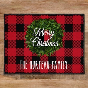 Christmas Door Mat Outdoor, Custom Welcome Mats, Personalized Door Mat, Entry Rug, Red Buffalo Plaid Decor, Housewarming Gift
