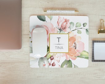 Floral Mouse Pad, Personalized Monogrammed Mouse Pad, Feminine Office Decor, Coworker Gifts