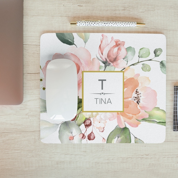 Floral Mouse Pad, Personalized Monogrammed Mouse Pad, Feminine Office Decor, Coworker Gifts