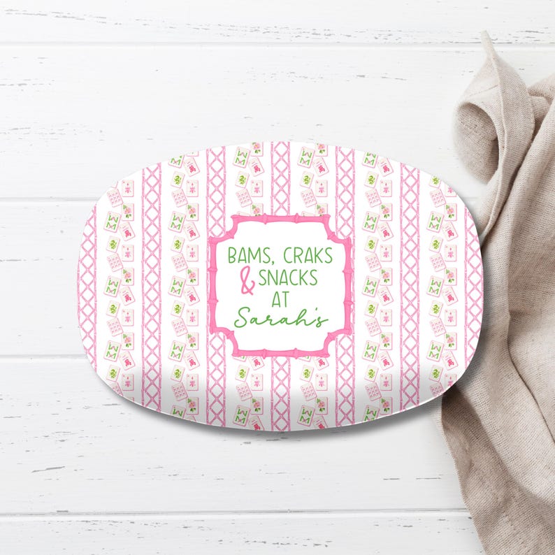 Mahjong Personalized Platter, Game Night, Mahjong Gifts, Mahj Girls Party Decor, Mahjong Dessert Plate Classic Pink Mahjong
