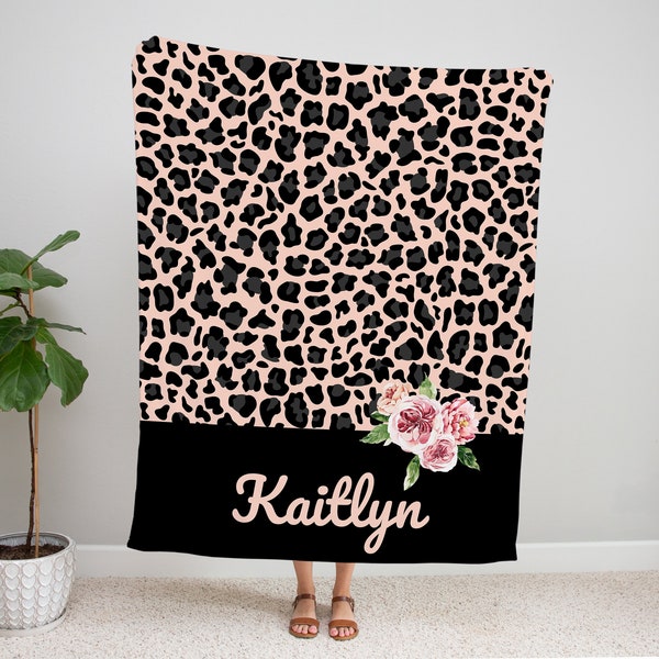 Personalized Throw Blanket, Leopard Floral, Teenage Girl Gift, Sweet Sixteen 16, Daughter Present