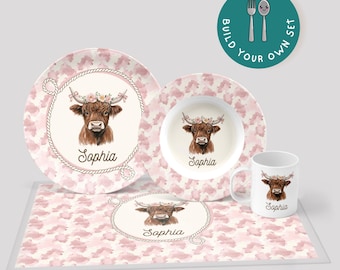 Personalized Cowgirl Plate, Custom Name Plate for Girls, Highland Cow, Kids Dinnerware Set, Plate and Bowl Set, Toddler Gift