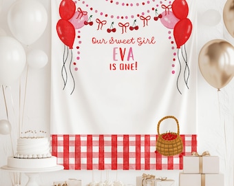 Cherry First Birthday Banner Personalized Girl Birthday Backdrop Sweet One Party Decor Red Pink Cherry Theme Custom Dessert Table Sign