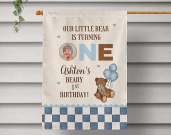 Beary First Birthday Flag, Personalized Teddy Bear Garden Flag, Photo House Flag, Custom First Birthday Party Decor