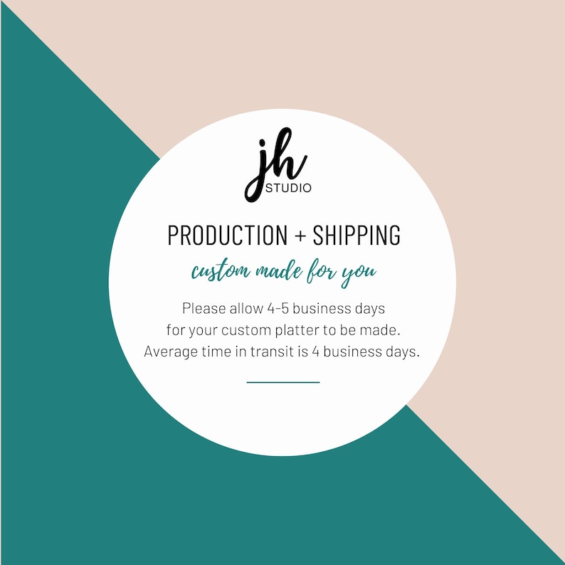 May include: A graphic with the text "jh studio" and "PRODUCTION + SHIPPING custom made for you". The text also includes information about production and transit times for custom platters. The background features teal, beige, and white geometric shapes.