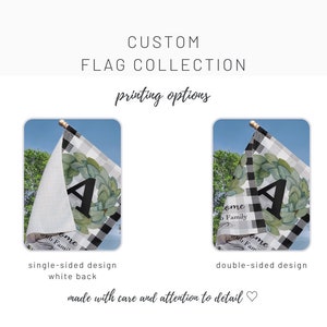 May include: Custom flag collection with printing options. The flags feature a black and white plaid pattern, a green wreath, and a large black letter "A". The text "Welcome to our Family" is also visible. The image shows single and double-sided design options.