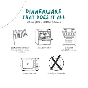 May include: White background with text and line drawings promoting dinnerware features. Text reads "DINNERWARE THAT DOES IT ALL" and "all our plates, platters & bowls." Drawings include a US flag, dishwasher, oven, microwave, and a broken plate symbol.