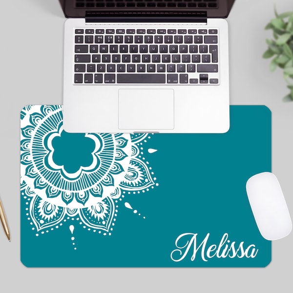 Personalized Desk Mat, Boho Large Mouse Pad, Teal Office Decor, Gifts for Her - Custom Colors