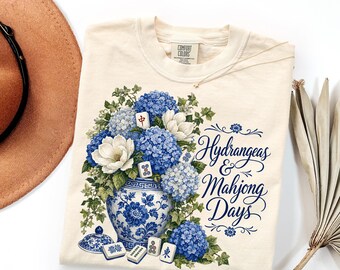 Mahjong Shirt for Women Blue Hydrangea Floral Tee Mahjong Lover Gift Preppy Grandmillennial T Shirt Game Night Outfit Tile Game Player Gift