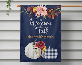Welcome Fall Garden Flag, Personalized House Flag, Outdoor Decor, Buffalo Plaid, Navy Pumpkin, Housewarming Gift