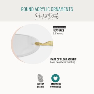 K&ouml;nnte beinhalten: Klarer, runder Acrylschmuck mit goldenem Band, ca. 8,9 cm Durchmesser. Das Bild enth&auml;lt den Text "ROUND ACRYLIC ORNAMENTS" und "Product Details". Der Schmuck besteht aus klarem Acryl mit hochwertigem UV-Druck.