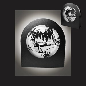 Modello di scheda di globo della neve inverno villaggio shadow box