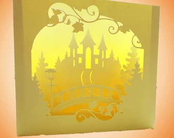 Castle Bridge Shadow box card folds flat Template