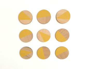 JAUNE Art mural géométrique Découpé au laser Contreplaqué Décor en bois Scandi Boho WallArt Cercles Peint à la main Décoratif moderne Grande Déclaration Royaume-Uni