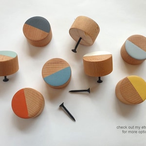 May include: Eight wooden wall hooks with different coloured paint on the top half of each hook. The colours include blue, yellow, orange, white, and grey. The hooks are on a white surface.  "check out my etsy shop for more options"