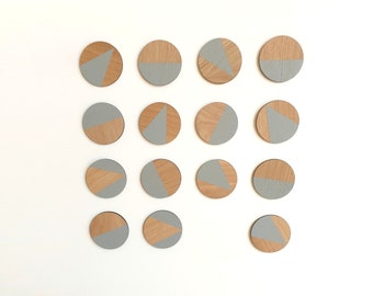 GRIS Art mural géométrique découpé au laser Contreplaqué Décor en bois Scandi Boho WallArt Cercles Peint à la main Décoratif moderne Grande Déclaration Royaume-Uni