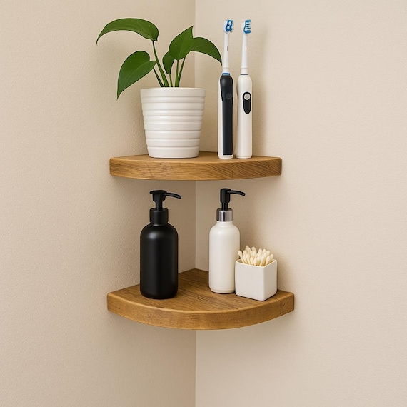 Rustic Wooden Corner Shelf – Quarter Circle, Floating Bedside Table, Curved shelf, Reclaimed Wood