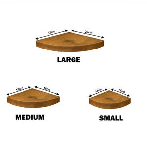 May include: Three wooden corner shelves in varying sizes: large (22cm x 22cm), medium (18cm x 18cm), and small (14cm x 14cm). Each shelf is a warm brown colour, with the size labelled below each shelf.