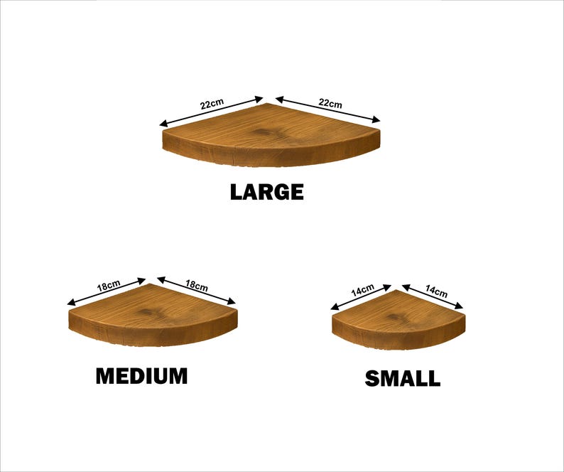May include: Three wooden corner shelves in varying sizes: large (22cm x 22cm), medium (18cm x 18cm), and small (14cm x 14cm). Each shelf is a warm brown colour, with the size labelled below each shelf.
