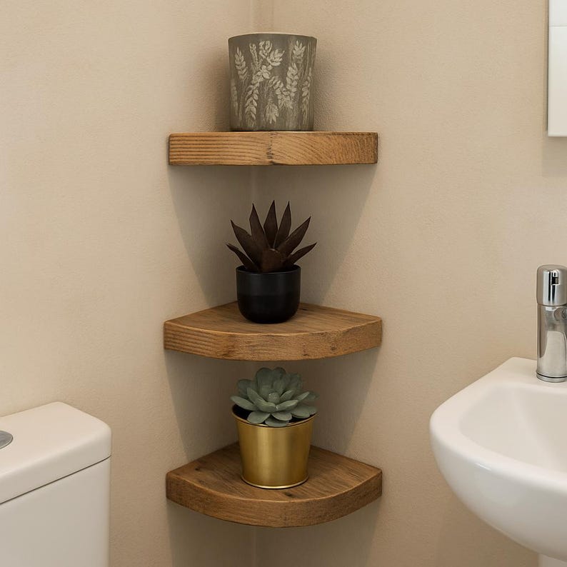 May include: Three wooden corner shelves on a beige wall, each with a plant in a pot. The top shelf has a grey pot with a floral design. The middle shelf has a dark plant in a black pot. The bottom shelf has a green plant in a gold pot.