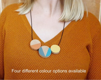 Chunky wooden Geometric Necklace Large Colourful Statement Jewellery Gift Pendant