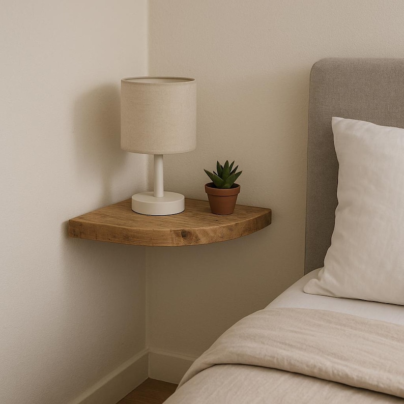 May include: A wooden corner shelf with a small white lamp and a potted succulent. The lamp has a beige lampshade. The shelf is mounted on a white wall next to a bed with a white pillow. The shelf is made of wood.