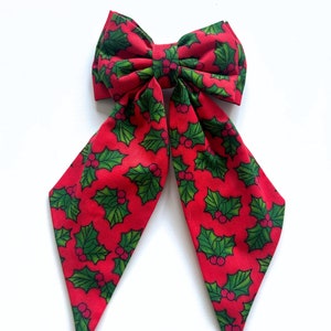 Red Holly Large Hair Bow with Barrette Clip - Festive Hair Accessories