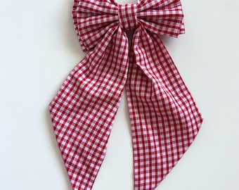 Red Gingham Large School Hair Bow With Barrette Clip - Back to School