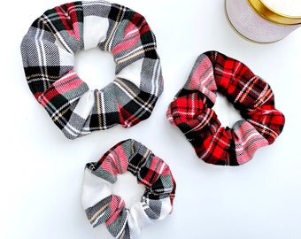 White, Red & Black Tartan Hair Scrunchie, Winter Hair Accessory