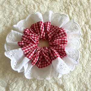 Red Gingham With White Broderie Frilly Trim Oversized Ruffled Lace Hair Scrunchie, Perfect Bun Holder for a Statement Look, Handmade in UK