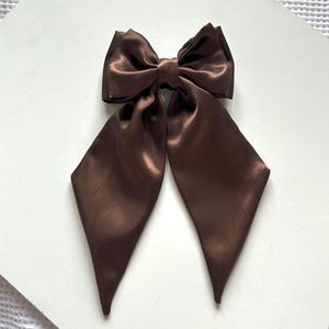 Brown Satin Hair Bow with Double Bow, Long Tails and Barrette Clip.